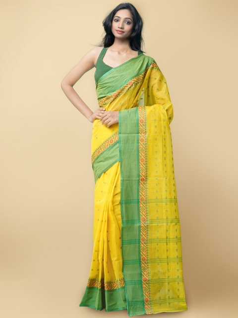 

Unnati Silks Yellow & Green Floral Pure Cotton Taant Saree