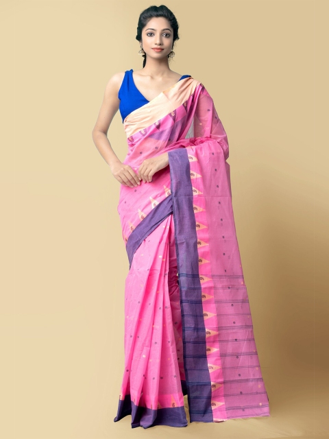 

Unnati Silks Women Pink & Blue Pure Handloom Bengal Tant Cotton Sustainable Saree