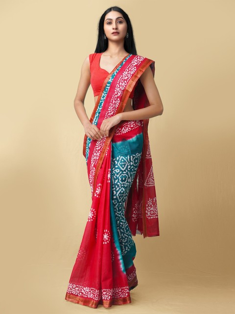 

Unnati Silks Women Green & Red Pure Batik Cotton Sustainable Saree