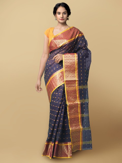 

Unnati Silks Women Navy Blue & Yellow Pure Handloom Bengal Tant Cotton Sustainable Saree