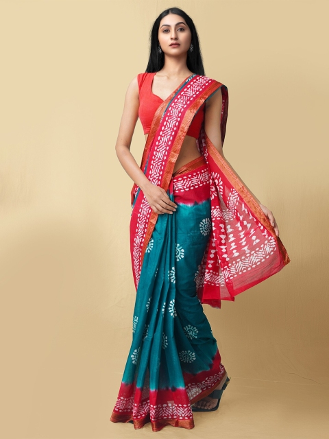

Unnati Silks Women Green & Red Pure Batik Cotton Sustainable Saree