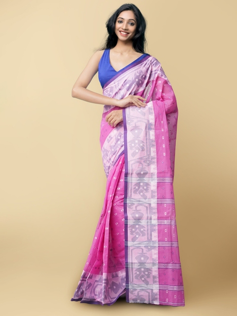 

Unnati Silks Women Pink & White Pure Handloom Bengal Tant Cotton Sustainable Saree