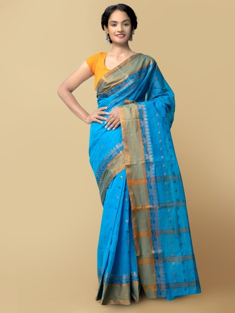 

Unnati Silks Women Blue & Gold-Toned Pure Handloom Bengal Tant Cotton Sustainable Saree
