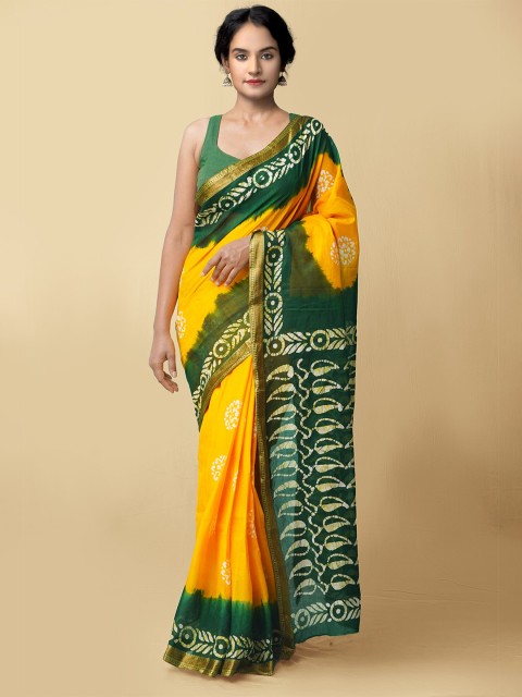 

Unnati Silks Women Yellow & Green Pure Batik Cotton Sustainable Saree