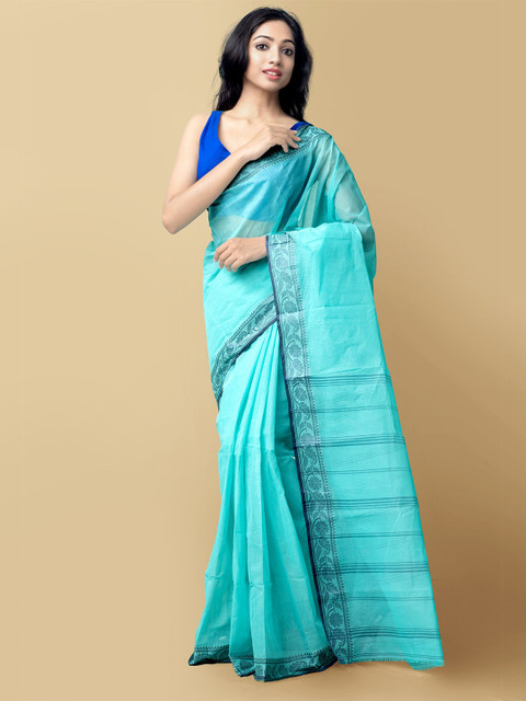 

Unnati Silks Women Turquoise Blue Pure Handloom Bengal Tant Cotton Sustainable Saree
