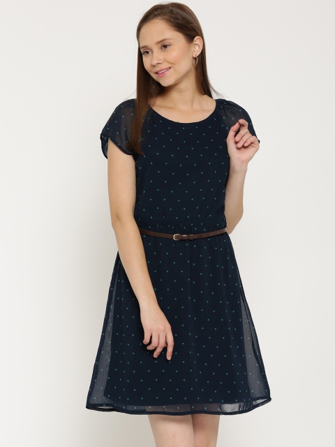 

United Colors of Benetton Women Navy Blue Printed Belted Dress