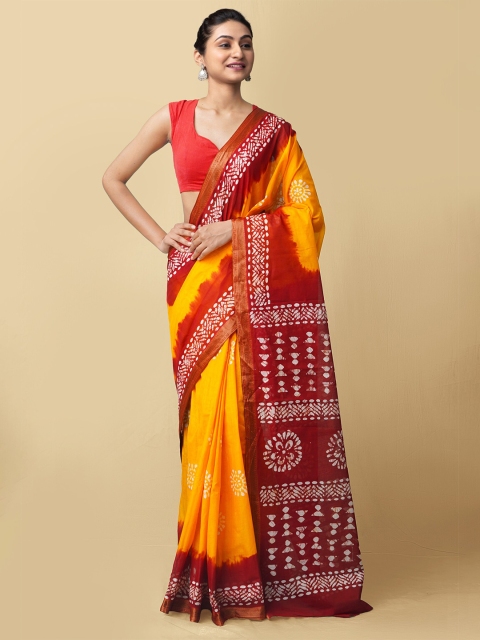 

Unnati Silks Women Orange & Brown Pure Batik Cotton Sustainable Saree