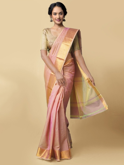 

Unnati Silks Women Pink & Gold Pure Handloom Mangalagiri Silk Cotton Sustainable Saree