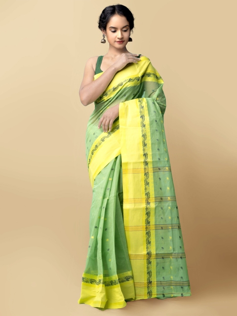 

Unnati Silks Women Green & Yellow Pure Handloom Bengal Tant Cotton Sustainable Saree