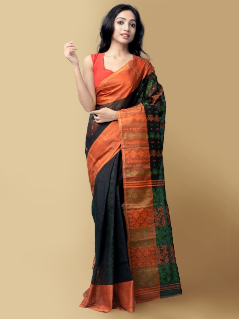 

Unnati Silks Black & Orange Ethnic Motifs Pure Cotton Jamdani Saree