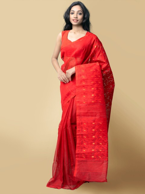 

Unnati Silks Women Red & Yellow Pure Handloom Dhaka Jamdhani Bengal Tant Cotton Saree
