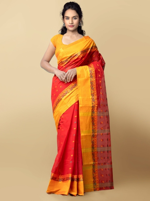 

Unnati Silks Women Red & Yellow Pure Handloom Bengal Tant Cotton Sustainable Saree