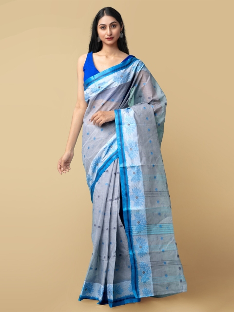 

Unnati Silks Grey & Blue Woven Design Pure Cotton Taant Saree