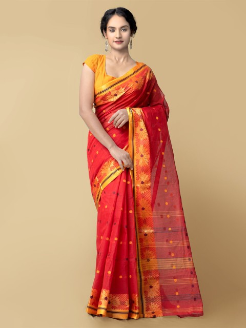 

Unnati Silks Women Red Pure Handloom Bengal Tant Cotton Sustainable Saree