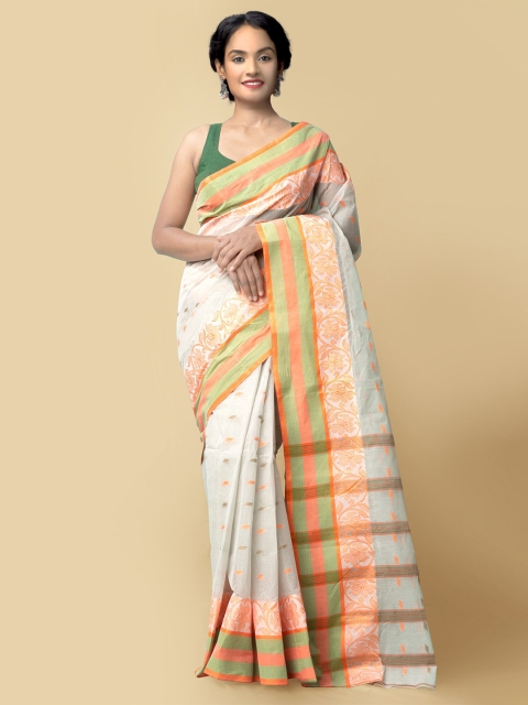 

Unnati Silks Women Grey & Orange Pure Handloom Dhaka Jamdhani Bengal Tant Cotton Sustainable Saree