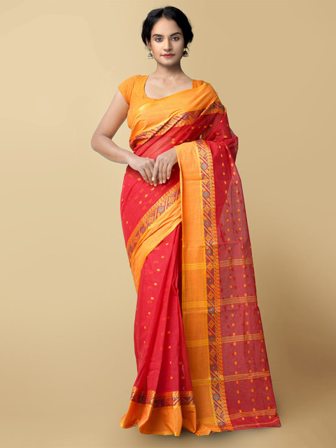 

Unnati Silks Women Red Pure Handloom Bengal Tant Cotton Sustainable Saree