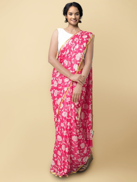 

Unnati Silks Pink & White Floral Art Silk Block Print Saree
