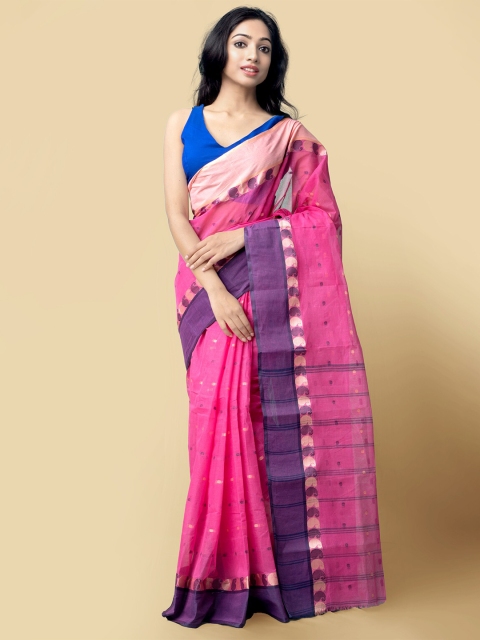 

Unnati Silks Women Pink & Blue Pure Handloom Bengal Tant Cotton Sustainable Saree