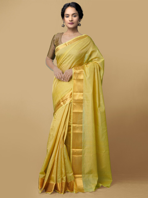 

Unnati Silks Women Yellow & Gold-Toned Pure Handloom Mangalagiri Silk Cotton Sustainable Saree