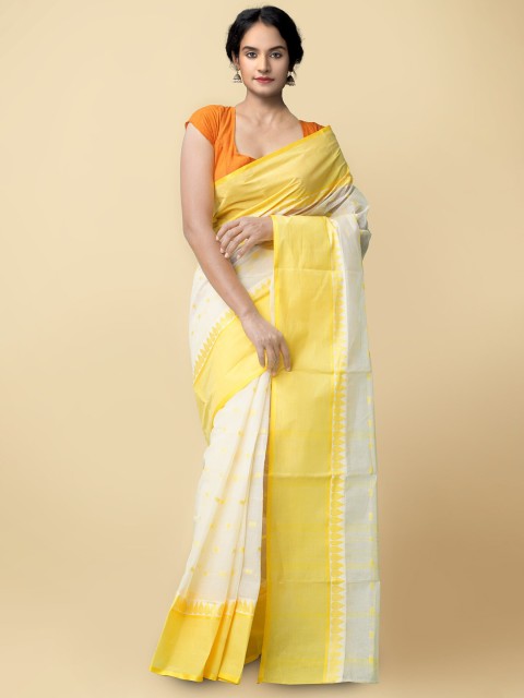 

Unnati Silks Women Cream-Coloured & Yellow Pure Handloom Bengal Tant Cotton Sustainable Saree