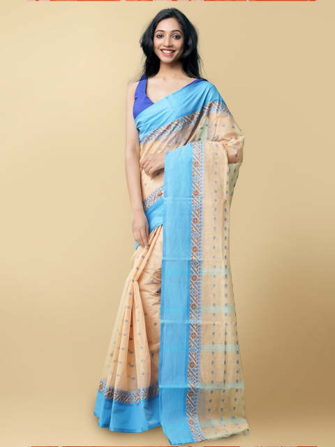 

Unnati Silks Women Brown & Blue Pure Handloom Bengal Tant Cotton Sustainable Saree