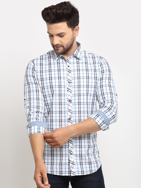 

La Mode Men White & Blue Slim Fit Opaque Checked Pure Cotton Casual Shirt