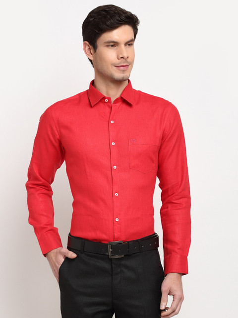 

La Mode Men Red Slim Fit Opaque Pure Linen Party Shirt