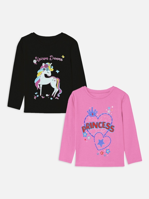 

YK Basics Girls Pack Of 2 Black & Pink Printed T-shirt