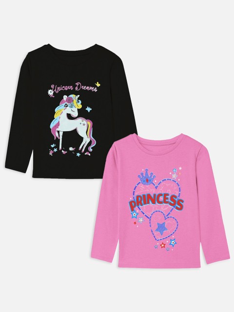 

YK Basics Girls Pack of 2 Black & Pink Printed T-shirt