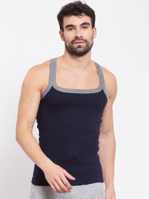 

SPORTO Men Navy Blue & Grey Solid Pure Cotton Gym Vest