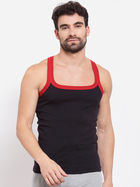 

SPORTO Men Black & Red Solid Super Combed Cotton Innerwear Vest