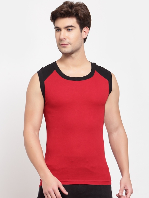 

SPORTO Men Red & Black Solid Pure Super Combed Cotton Gym Vest