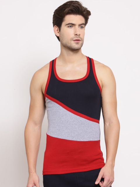 

SPORTO Men Navy Blue & Grey Colourblocked Pure Super Combed Cotton Gym Vest
