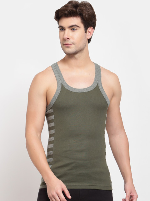 

SPORTO Men Olive Green & Grey Striped Pure Super Combed Cotton Gym Vest