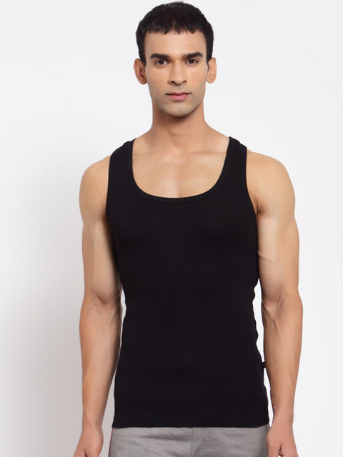 

SPORTO Men Black Solid Super Combed Cotton Gym Vest