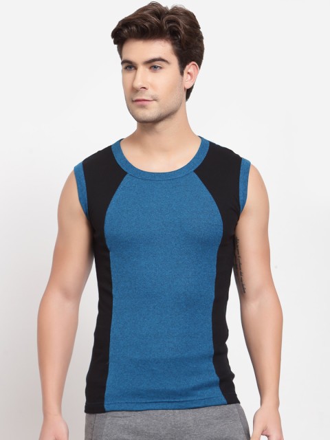 

SPORTO Men Blue & Black Colourblocked Pure Super Combed Cotton Gym Vest