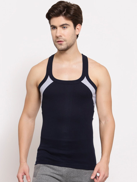 

SPORTO Men Navy Blue & Grey Colourblocked Pure Super Combed Cotton Gym Vest