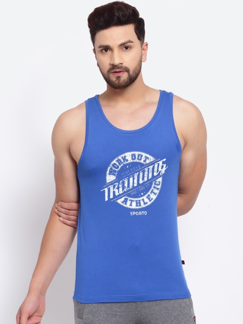 

SPORTO Men Blue & White Printed Pure Super Combed Cotton Gym Vest