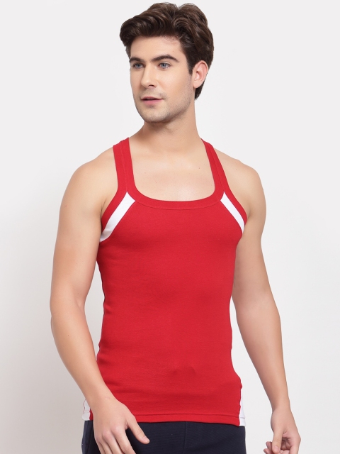 

SPORTO Men Red & White Solid Pure Super Combed Cotton Gym Vest