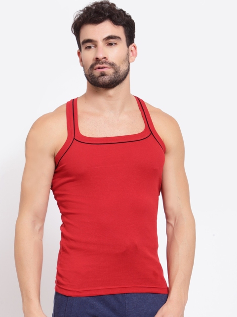 

SPORTO Men Red & Black Solid Pure Super Combed Cotton Gym Vest