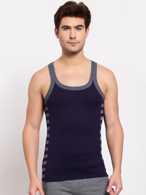 

SPORTO Men Navy Blue & Grey Striped Pure Super Combed Cotton Gym Vest