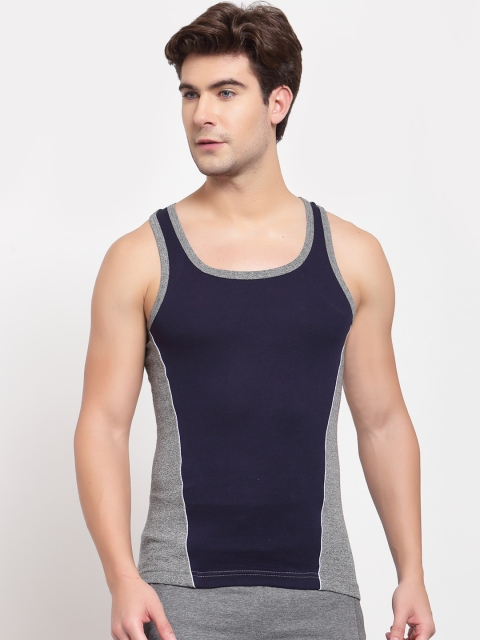 

SPORTO Men Navy Blue & Grey Colourblocked Pure Super Combed Cotton Gym Vest