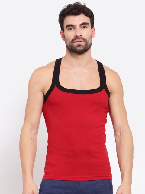 

SPORTO Men Red & Black Solid Pure Super Combed Cotton Gym Vest