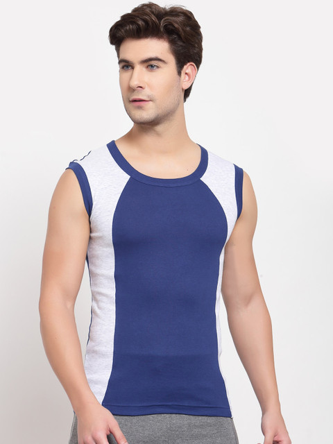 

SPORTO Men Blue & White Colourblocked Pure Super Combed Cotton Gym Vest