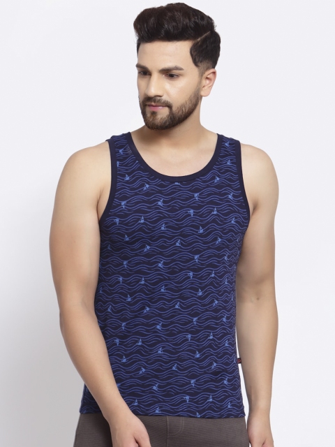 

SPORTO Men Navy Blue Printed Pure Super Combed Cotton Gym Vest