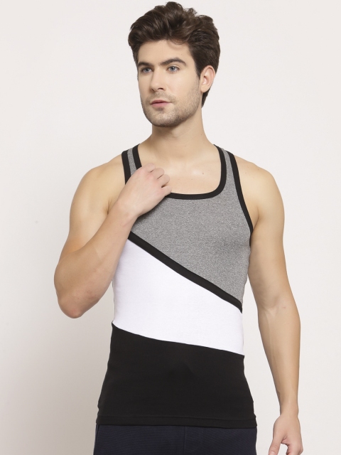 

SPORTO Men Black & White Colourblocked Pure Super Combed Cotton Gym Vest