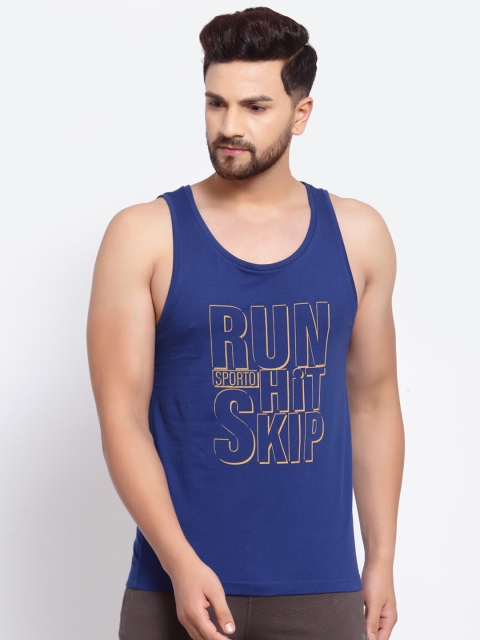 

SPORTO Men Navy Blue & Beige Printed Pure Super Combed Cotton Gym Vest