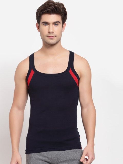 

SPORTO Men Navy Blue & Red Colourblocked Pure Super Combed Cotton Gym Vest