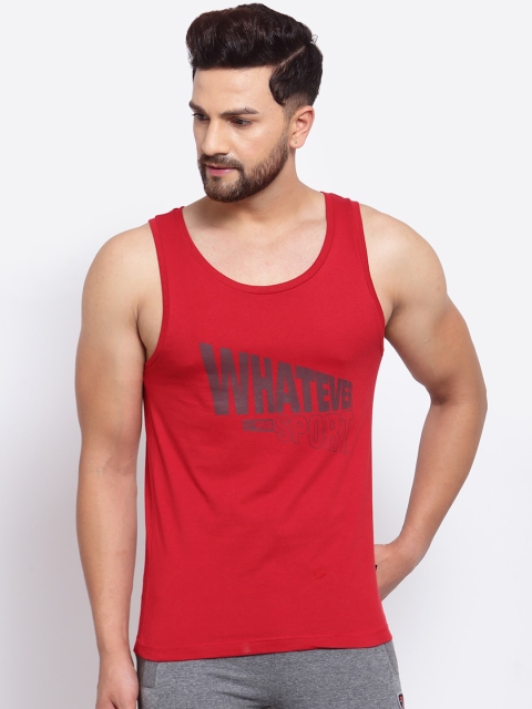 

SPORTO Men Red & Blue Printed Pure Super Combed Cotton Gym Vest