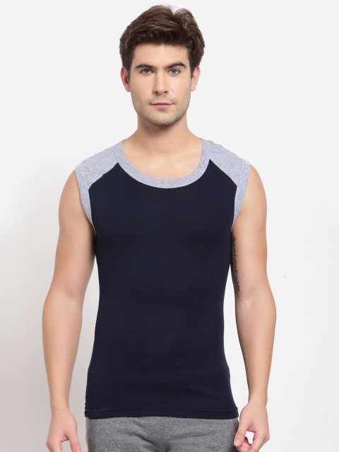 

SPORTO Men Navy Blue & Grey Solid Pure Super Combed Cotton Gym Vest